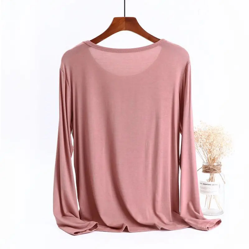 Spring and Autumn New Loose Large Round Neck Bottom Shirt for Women's Fat Mm Modal Solid Color Long Sleeve T-Shirt Top Pajamas