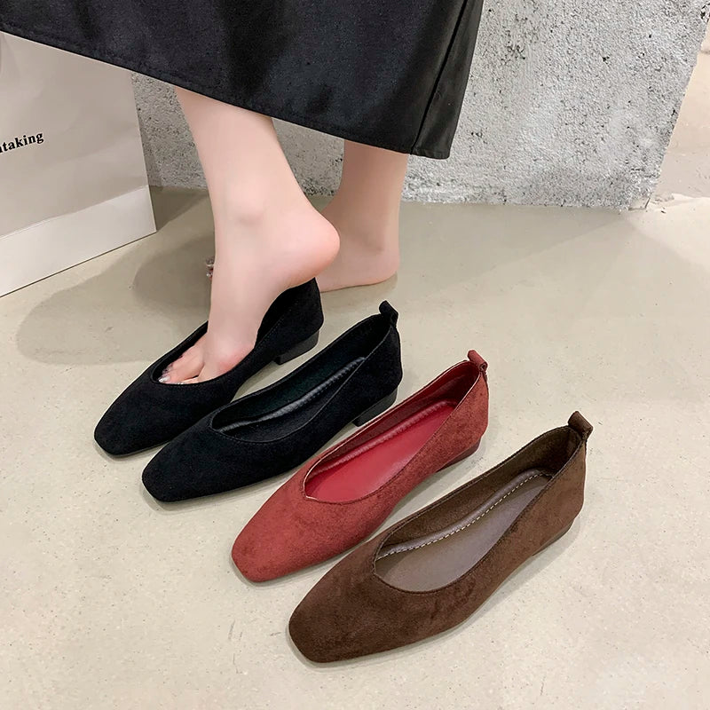 2025Low Heel Shoes Autumn New Square Toe Shallow Suede Slip-on Soft Sole Non-slip Wear-resistant Single Shoes