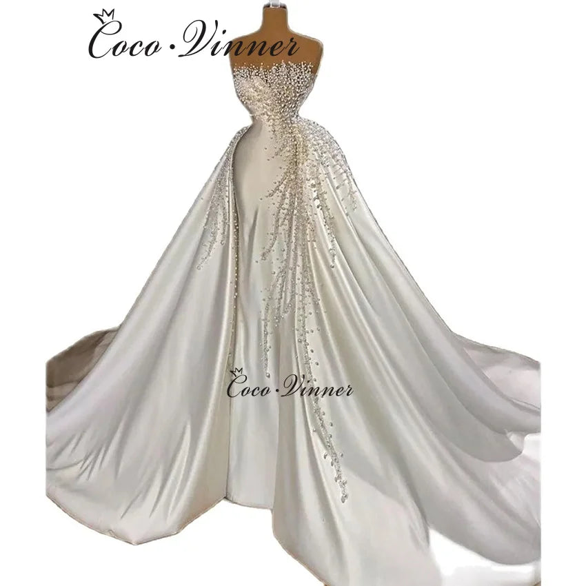 Customized Strapless Dubai 2025 New Two in one Wedding Dress Pearls Beading Mermaid Wedding Dresses With Detachable Skirt W1461