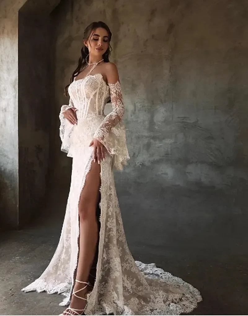 Customized 2026 A-Line Sexy Backless Lace Applique Princess Wedding Dress Cocktail Party Dress And Detachable Ball Bridal Dress