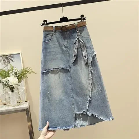 With Slit Female Jeans Skirts Blue High Waist Midi Irregular Women's Denim Skirt Aesthetic Quality Chic And Elegant Korean Style