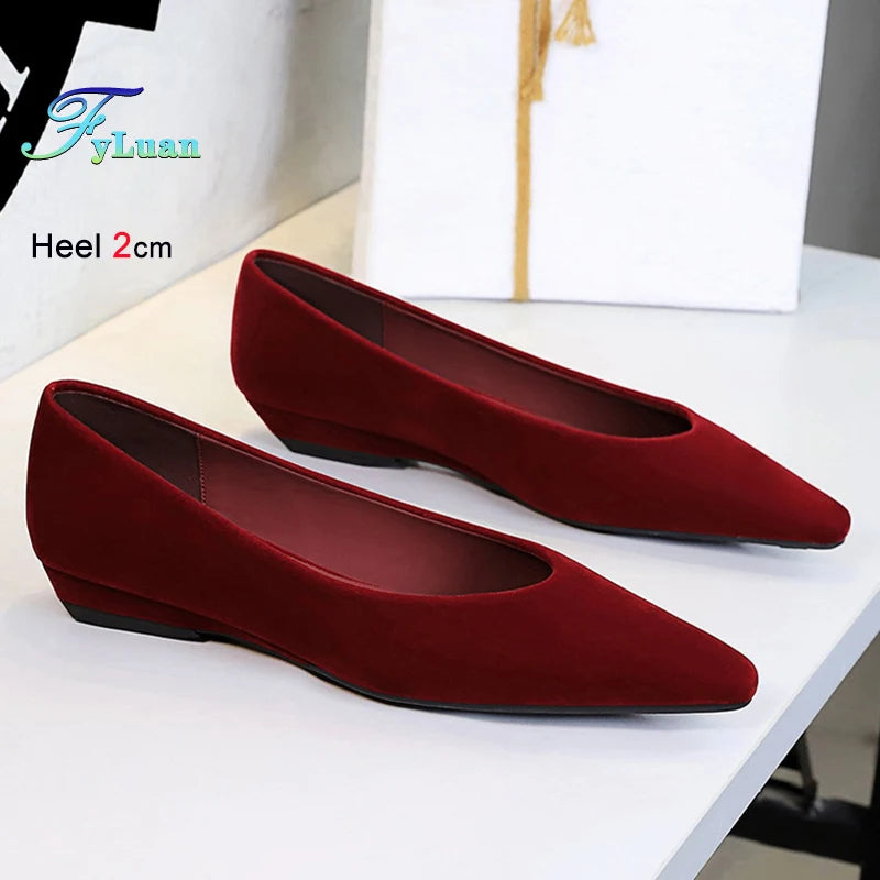 Fashion Autumn Red Women's Shoes Pointed Toe Ballerina Flats Faux Suede Shoes Ladies Flats Non-slip Shallow Mouth Casual Shoes