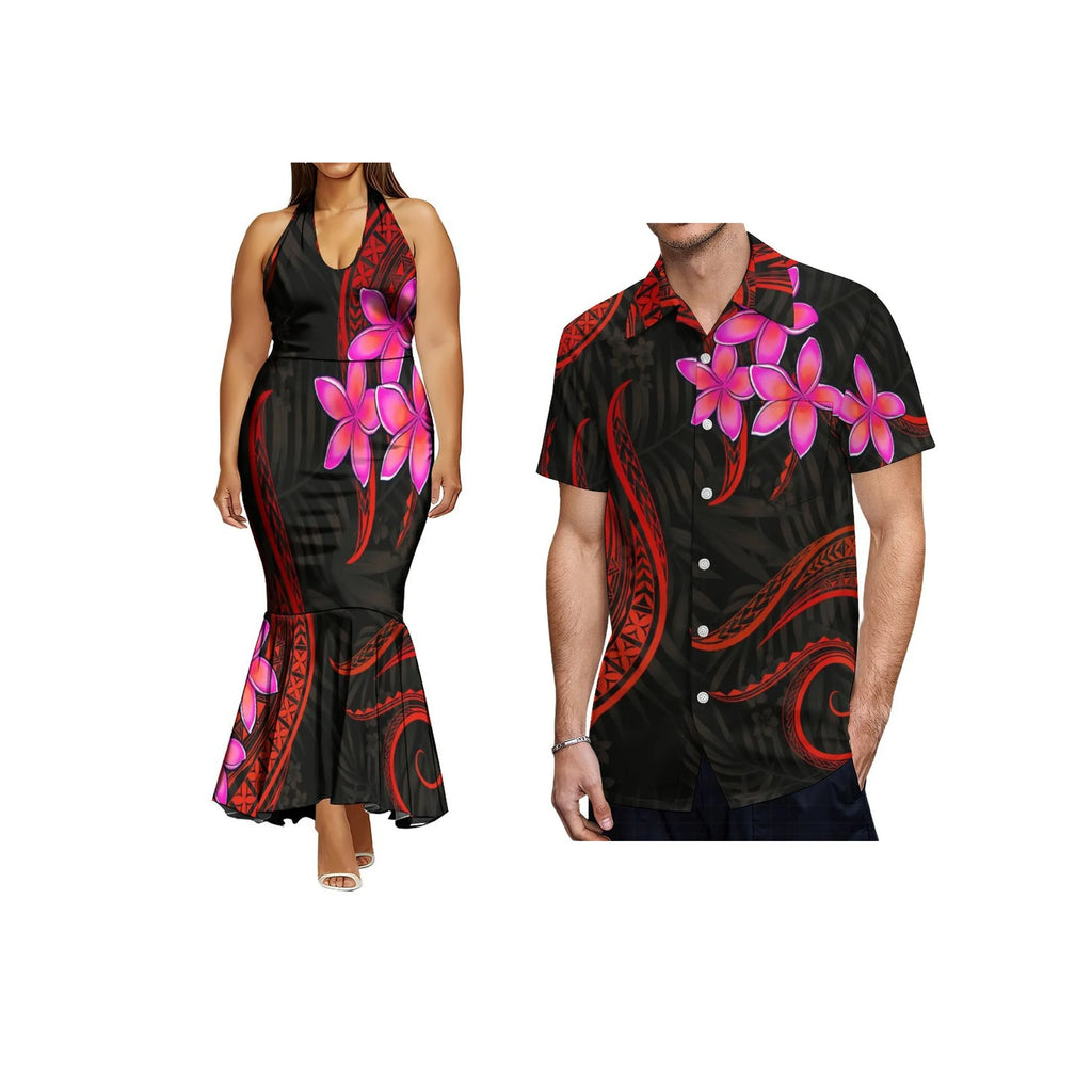 Print on Demand Ladies Sleeveless Fishtail Dress Hawaiian Polynesian Tribal Side Zipper Fishtail Halter Dress Custom Prom Dress