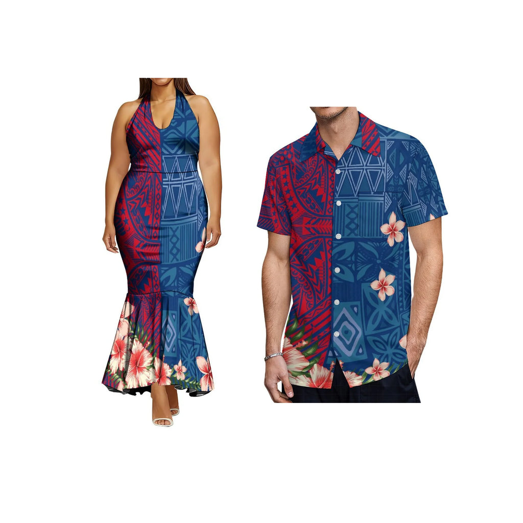 Print on Demand Ladies Sleeveless Fishtail Dress Hawaiian Polynesian Tribal Side Zipper Fishtail Halter Dress Custom Prom Dress