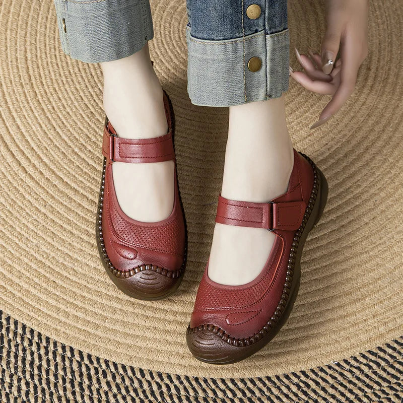 Autumn Top Cowhide Shallow Mouth Single Shoe For Women Retro Style Flat Bottomed Cow Tendon Soft Soled Mother's Shoes