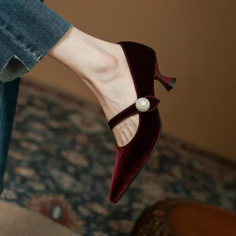 Wine Red Pointed Toe Mary Jane Shoes Women's Vintage One Buckle Stiletto Pointed Toe Single Shoes Velvet Pumps