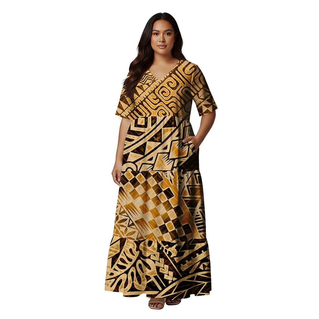 Short Sleeve Hawaii Tropical Floral Pattern Tiered Cake Dress Maxi Polynesian Clothing Tribal Is land Fiji Tonga Church Dress