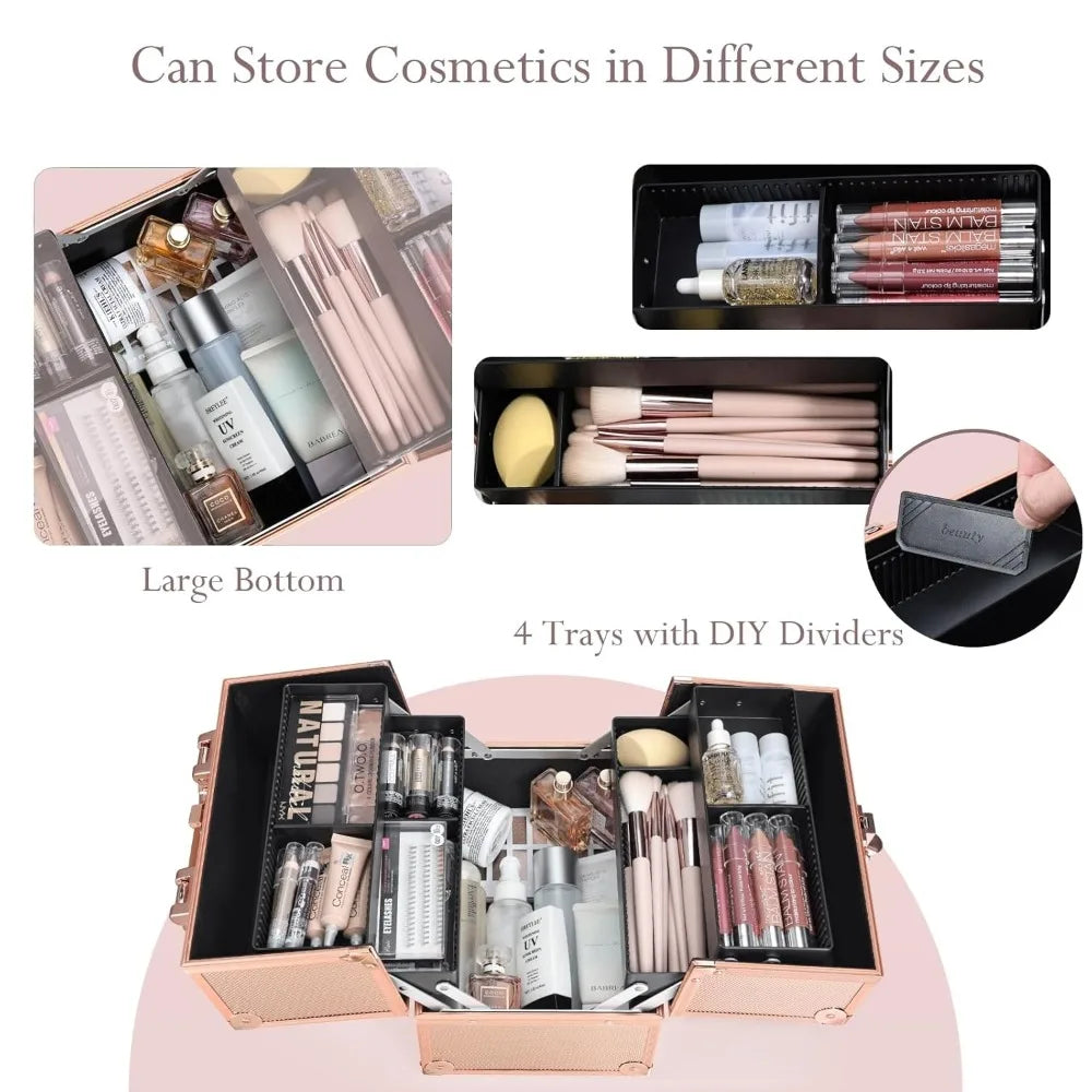Portable Lockable Makeup Train Case with Dividers, Rose Gold Cosmetic Organizer for Travel & Storage