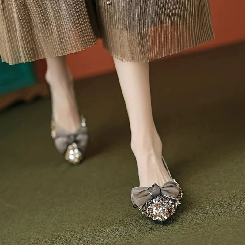 Women Single Shoes Pointed Toe Female Low Heel Shoes Bow Crystal Decoration Women's Soft Soled Shallow Plus Size Women's Shoes