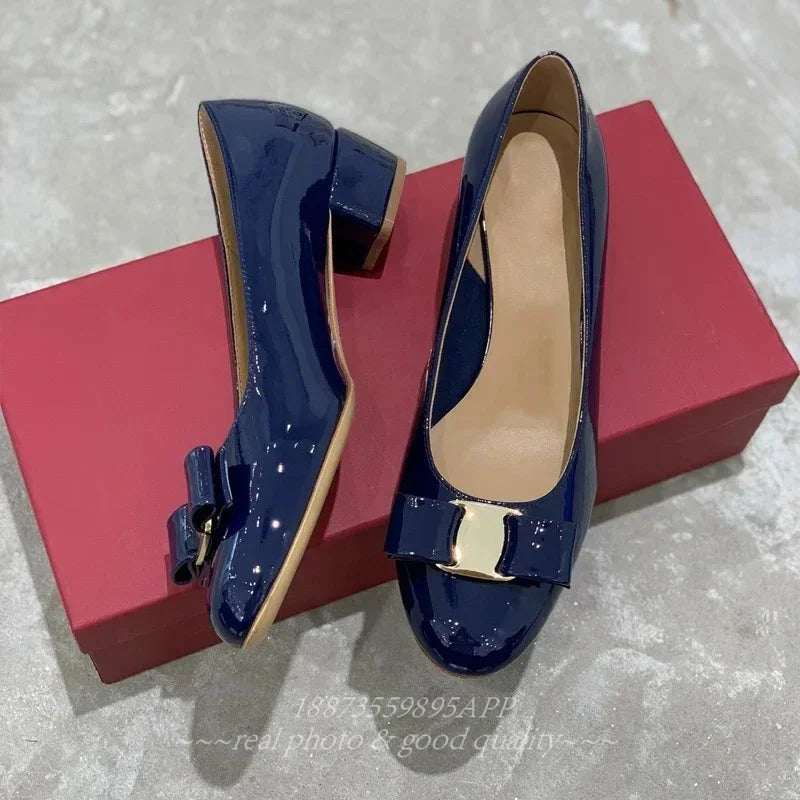 2025 FANGXITING Women's Bow Leather Shiny Leather Block Heels Classic Brand High Quality 100% Handmade Flats