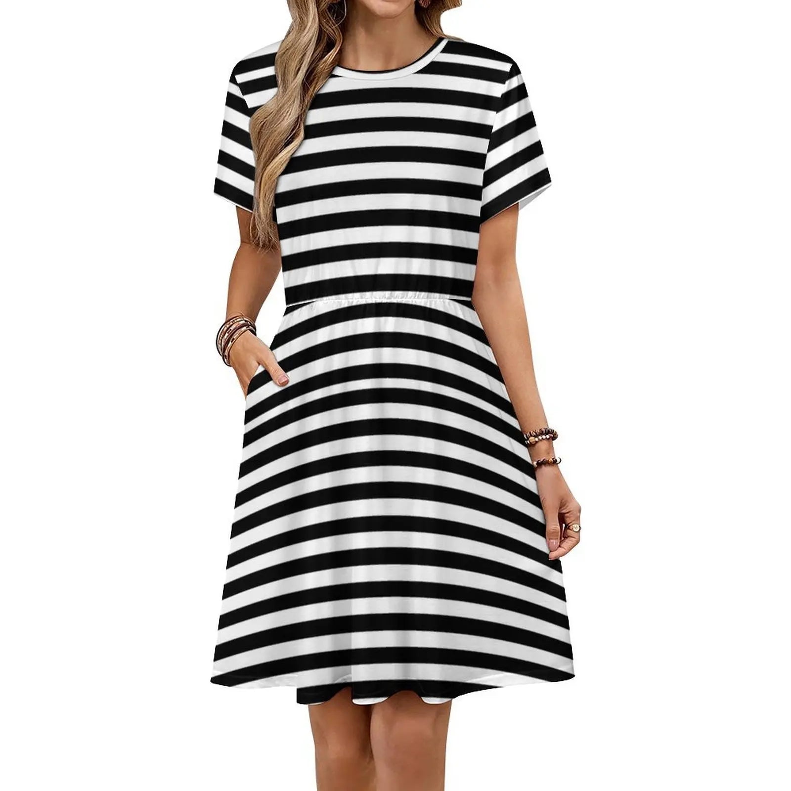 Black & White Stripes Sweetheart Neckline Dress Elegant Summer Party Dress For Women Black White Pattern Dress For Girls