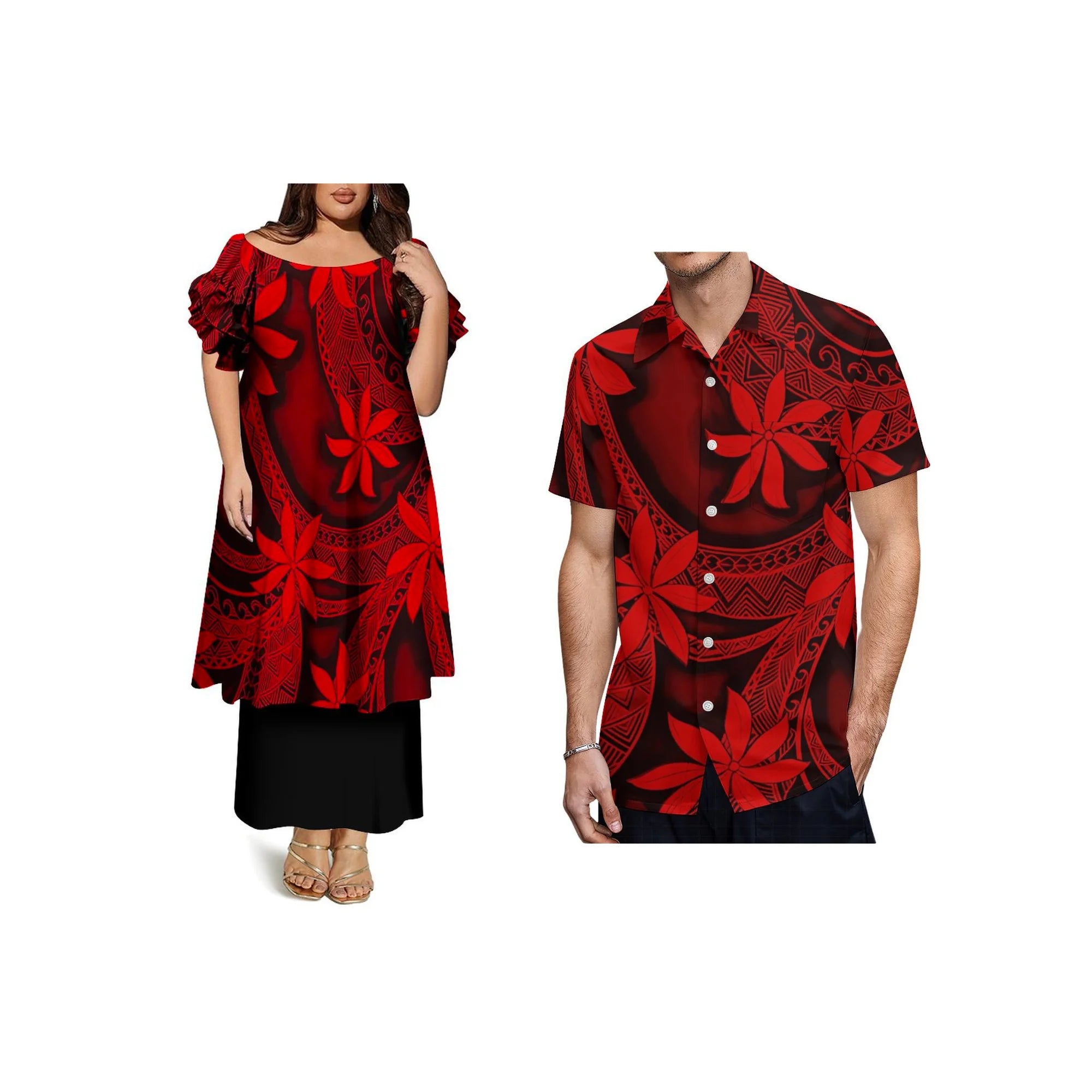 Custom Frill Short Sleeve Womens Dress Polynesian Samoan Puletasi Dress 2 Piece Pacific Island Design Off the Shoulder Dress