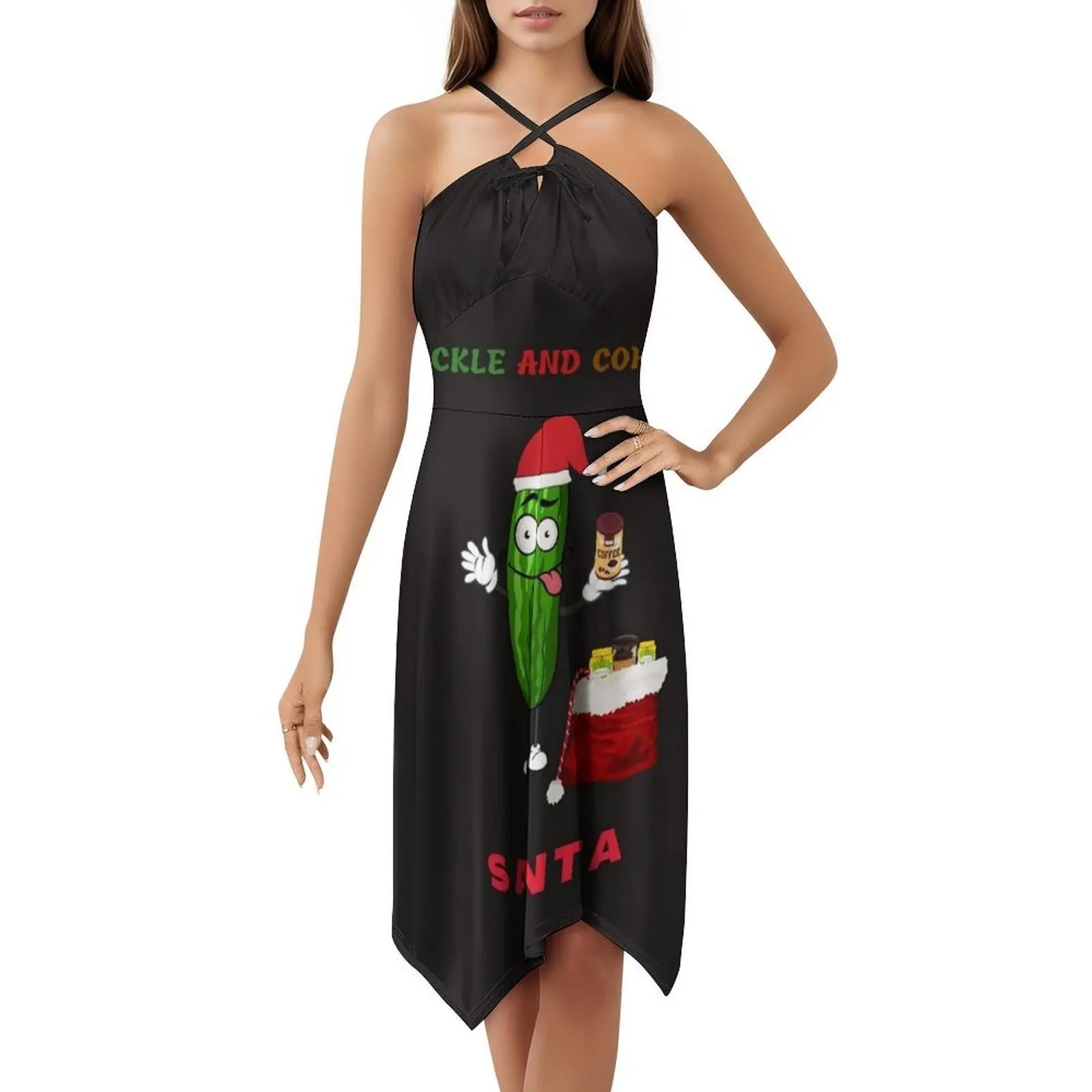 Pickle And Coffee Santa Preppy Style Mini Dress For Women A-Line Loose Fit Casual Day Dress Marvacousins246 Pickle Andhave A