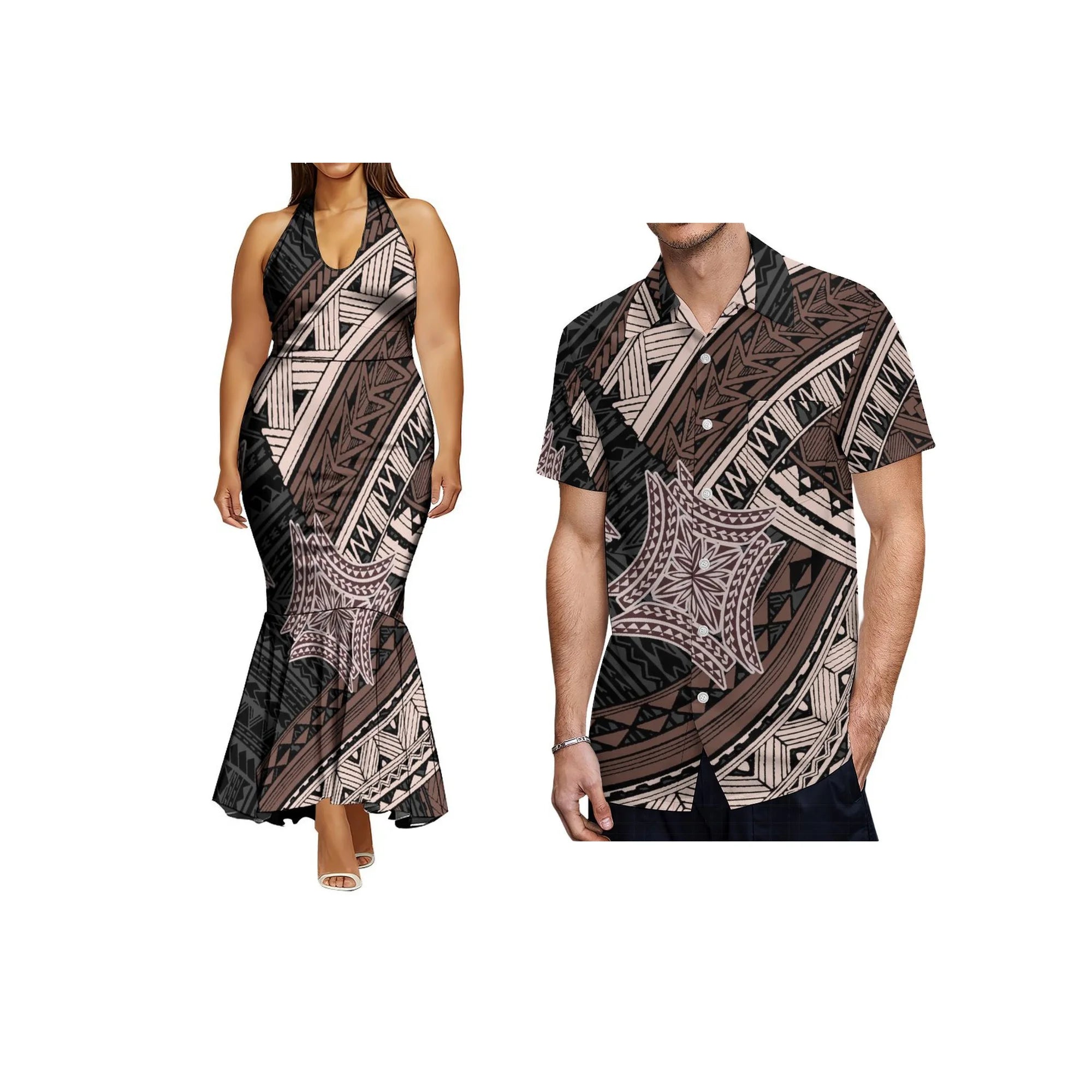 Print on Demand Ladies Sleeveless Fishtail Dress Hawaiian Polynesian Tribal Side Zipper Fishtail Halter Dress Custom Prom Dress