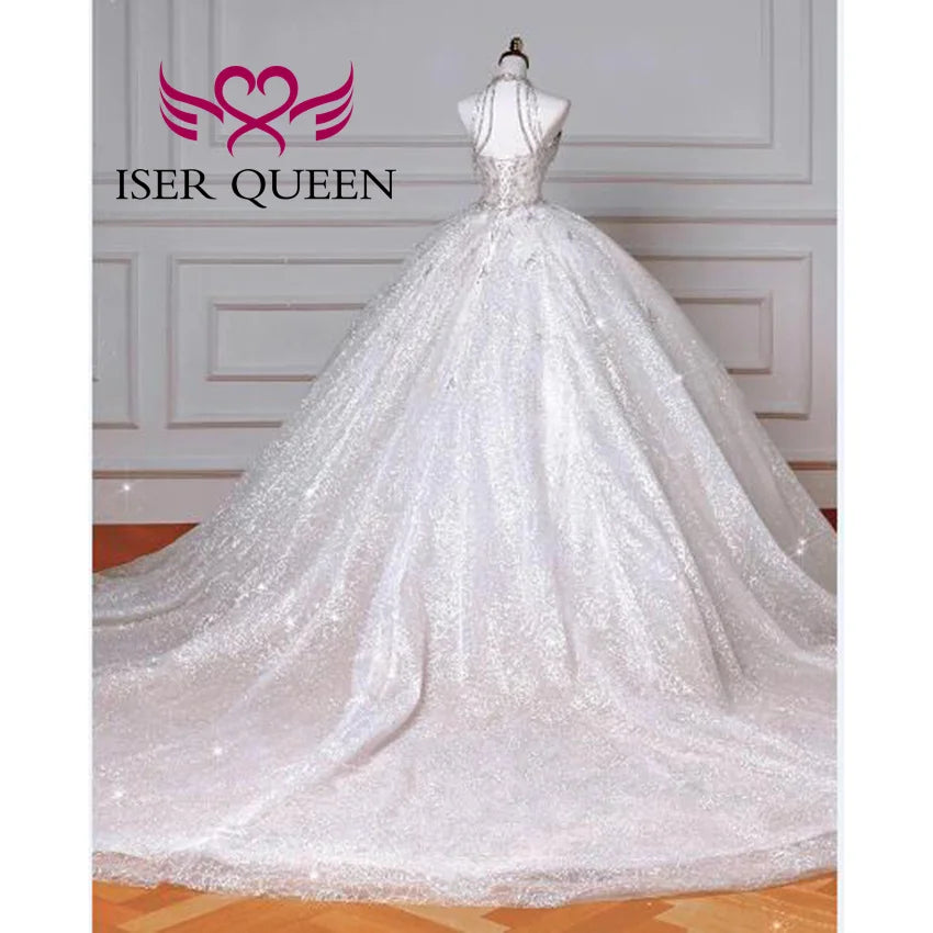 Customized Backless Halter Exquisite Wedding Dress For Ladies 2025 New Heavy Crystal Beaded Feather Shiny Wedding Dresses WX0481