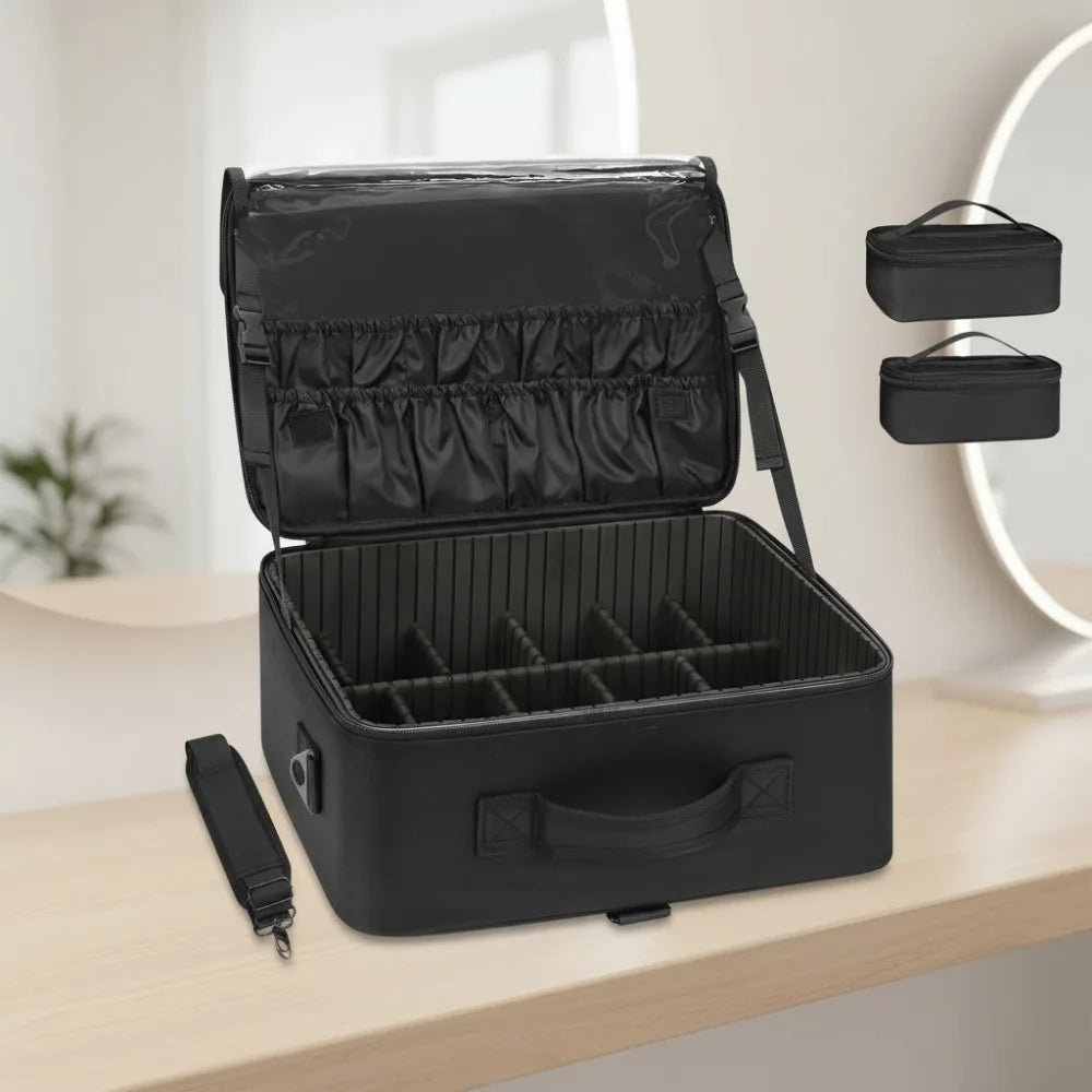 Large Makeup Bag with 3 Removable Pouches, Adjustable Dividers & Brush Holder - Professional Travel Cosmetic Organizer Case