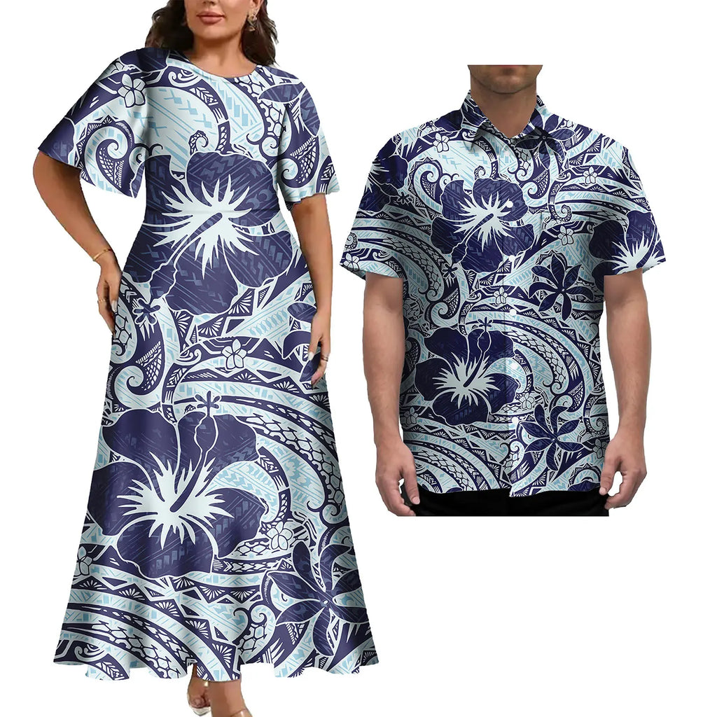 Latest Plus Size Couple Clothing Polynesian Tropical Print Women's Casual Dress Island Style With Matching Men's Hawaiian Shirt