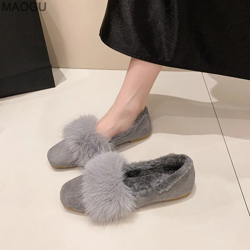 Women's Plush Flat Shoes 2025 Autumn Winter Faux Fur Lined Soft Sole Moccasins Warm Cotton Low Heel Pumps Slip on Comfortable