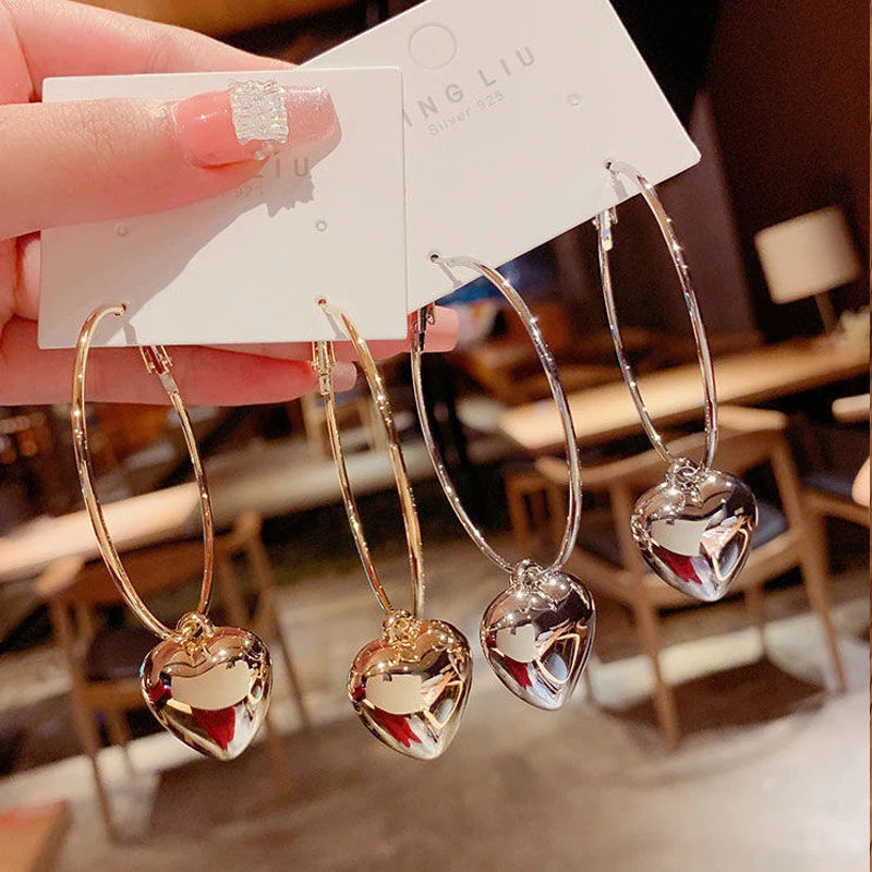 2024 New Heart Pendant Drop Earrings for Women Fashion Gold Color Design Exaggerate Big Circle Hoops Earring Korean Jewelry Gift