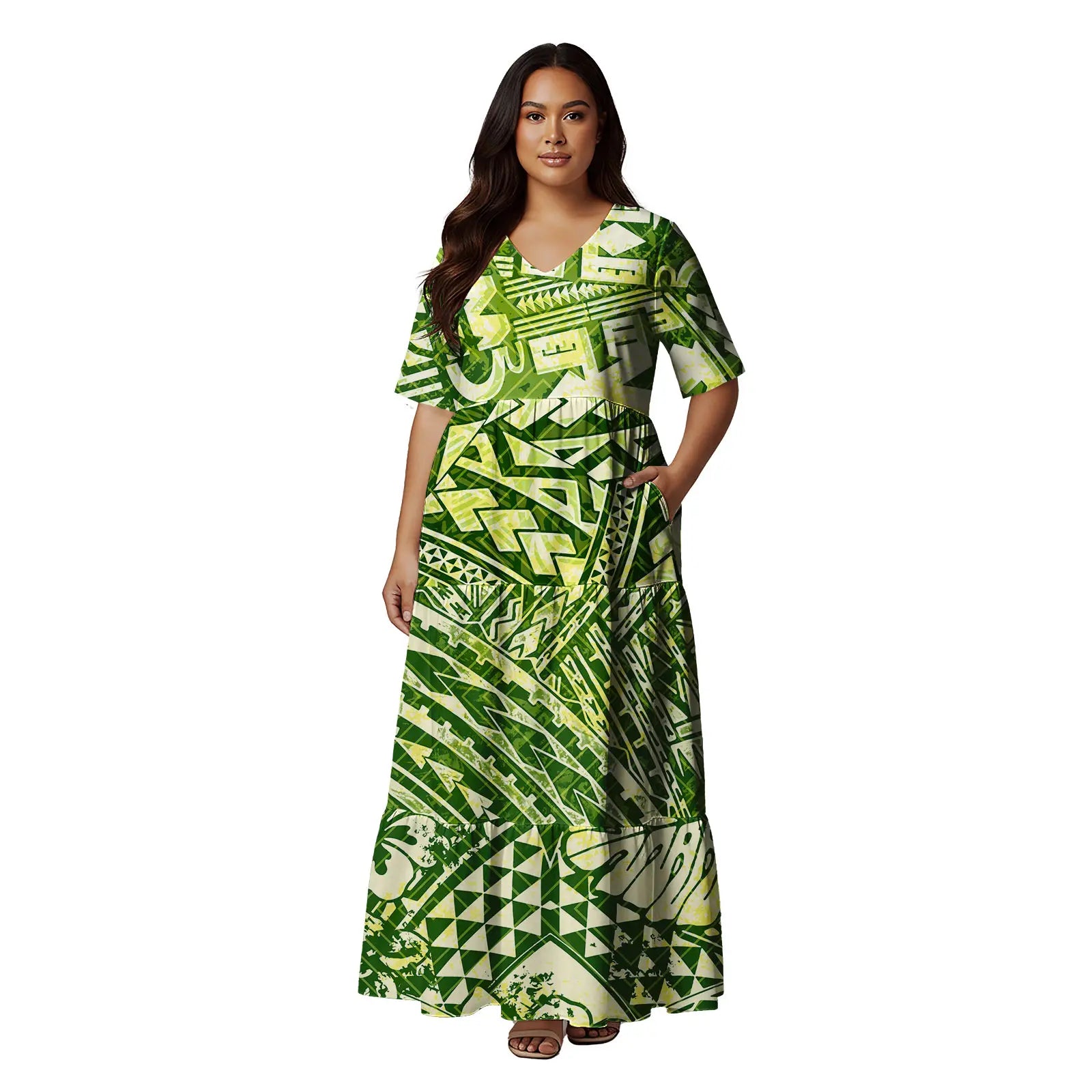 Short Sleeve Hawaii Tropical Floral Pattern Tiered Cake Dress Maxi Polynesian Clothing Tribal Is land Fiji Tonga Church Dress