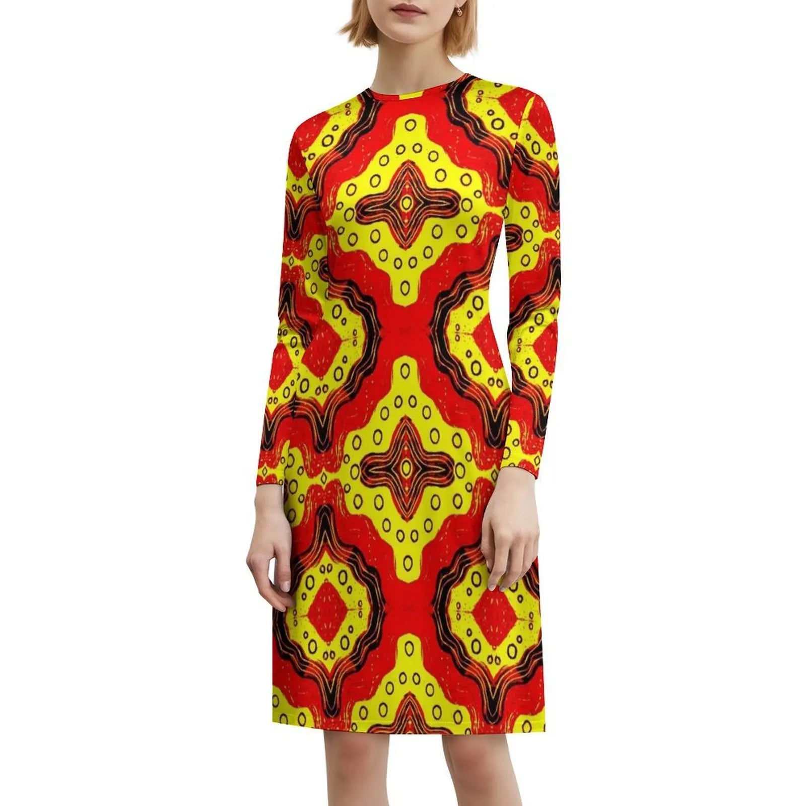 Pattern In Red And Yellow Women's Elegant Party Dress A-Line Dress With Short/Long/Sleeveless Options Pattern Red Yellow Red
