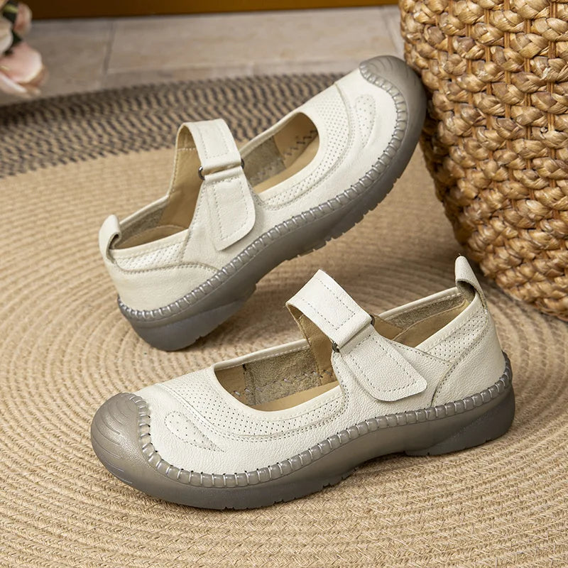 Autumn Top Cowhide Shallow Mouth Single Shoe For Women Retro Style Flat Bottomed Cow Tendon Soft Soled Mother's Shoes