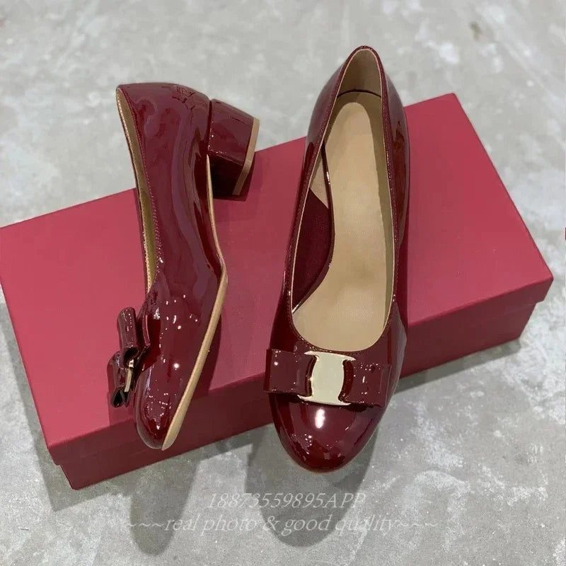 2025 FANGXITING Women's Bow Leather Shiny Leather Block Heels Classic Brand High Quality 100% Handmade Flats