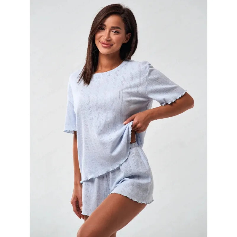 2pcs Set Women's Cotton Pajama Set - Spring Autumn Short Sleeve & Shorts Loungewear, Comfortable Breathable Homewear