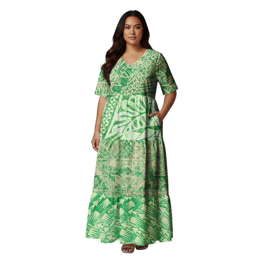 Short Sleeve Hawaii Tropical Floral Pattern Tiered Cake Dress Maxi Polynesian Clothing Tribal Is land Fiji Tonga Church Dress