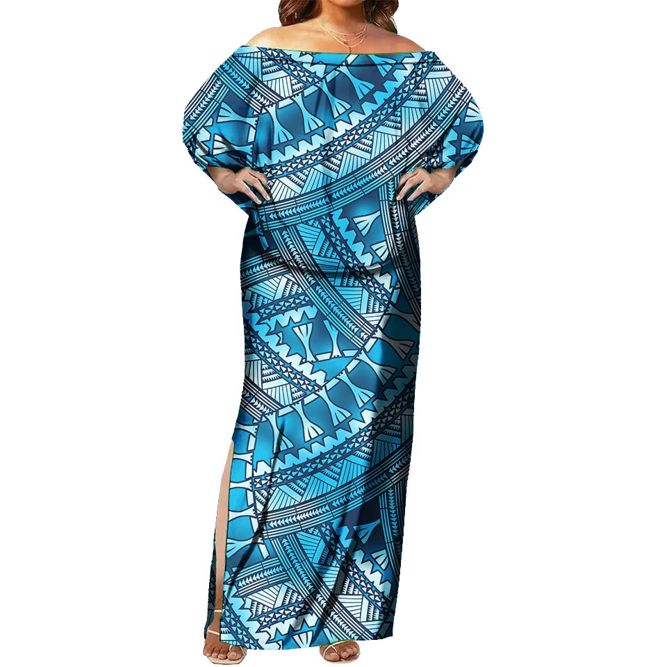 Tapa Tribal Design Sexy off Shoulder Sleeveless Dress Tropical Floral Print Polynesian Fashion Maxi Dress Tight