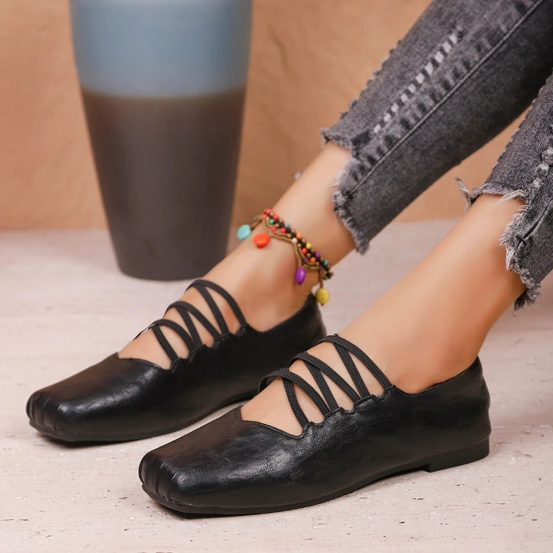 2026 New Retro Versatile Low-heel Lace-up Cuff Women's Flats Shoes for Women Large Size Square Toe Soft Bottom Ladies Shoes
