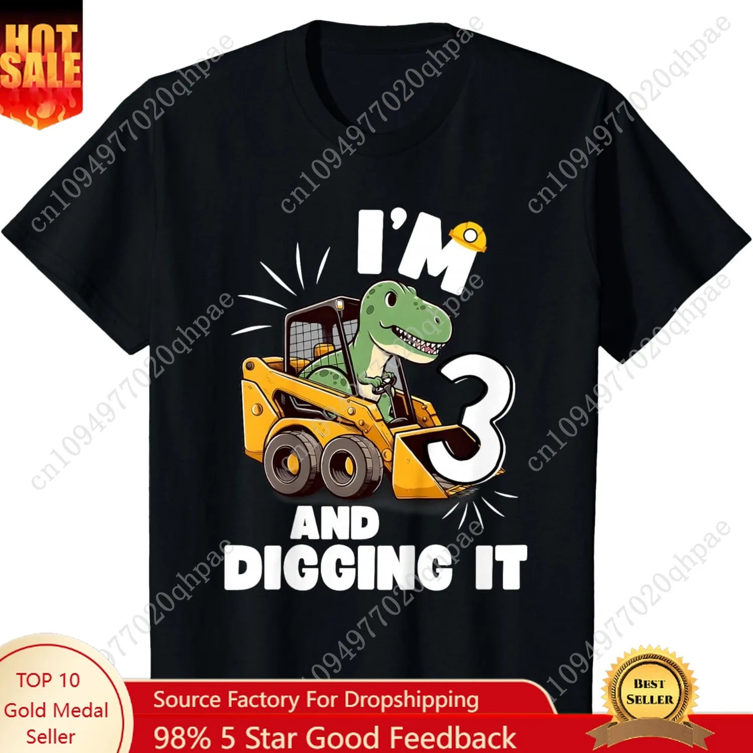 I'm 3 And Digging It 3rd Birthday Dinosaur Construction Boy T-Shirt