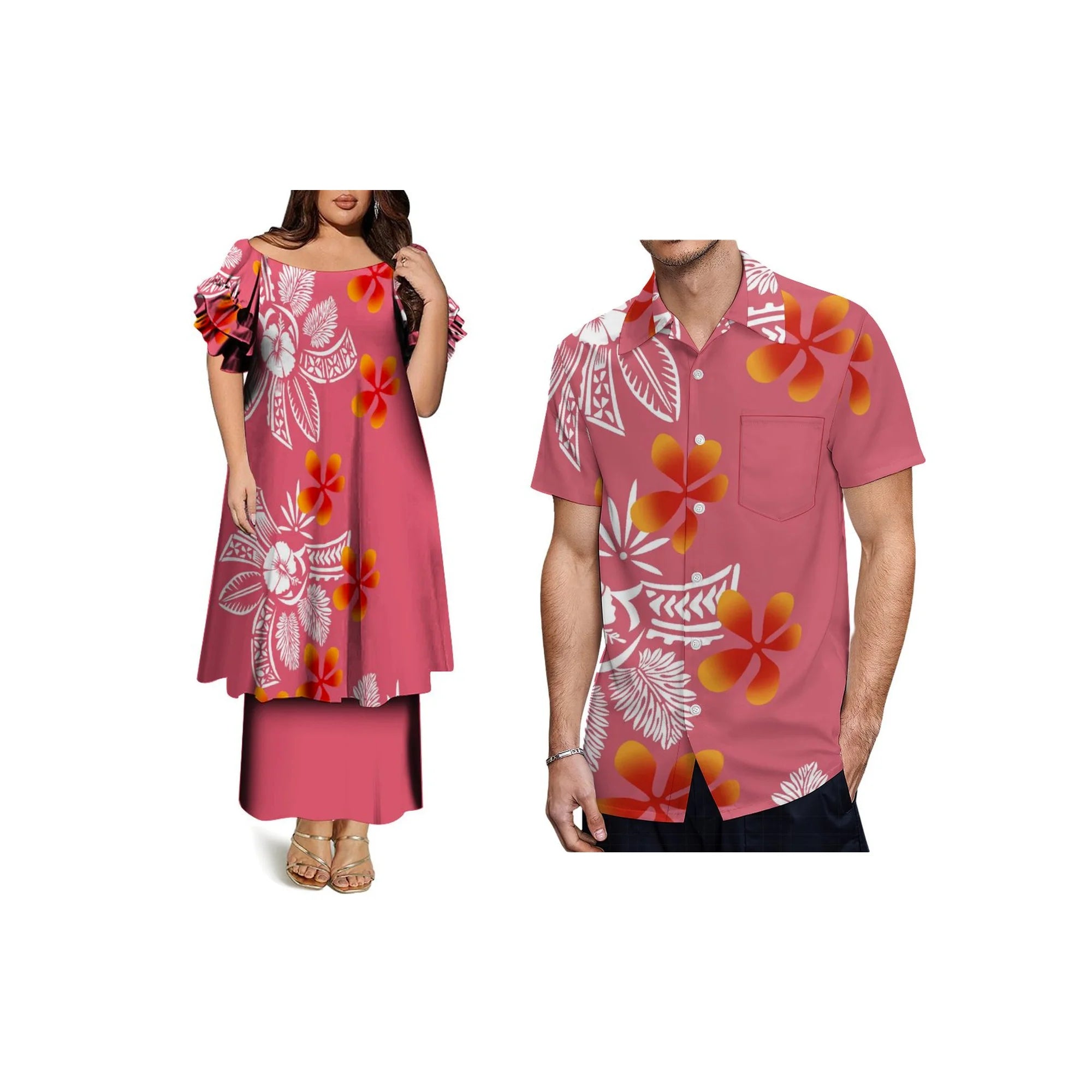 Custom Frill Short Sleeve Womens Dress Polynesian Samoan Puletasi Dress 2 Piece Pacific Island Design Off the Shoulder Dress