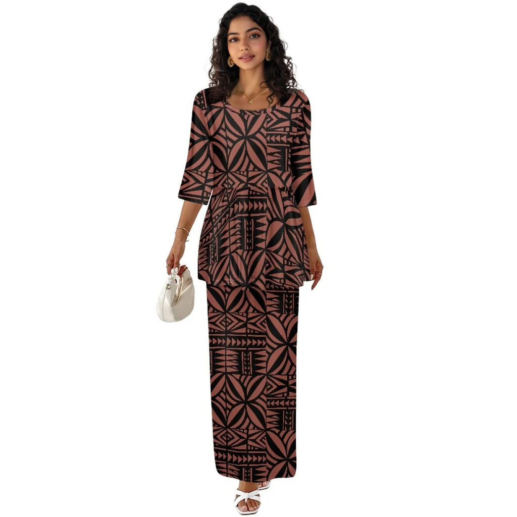 Printed Polynesian Tribal Print crew neck Samoan Puletasi Custom Top And Skirts Womens Two Piece Outfits Set Dress