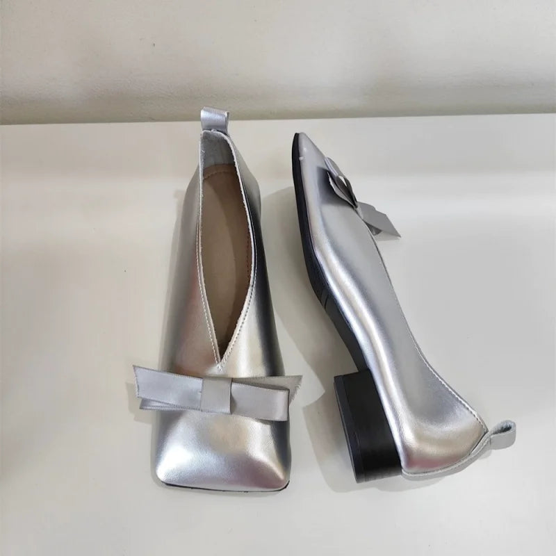 Fashion Women's Basic Black Soft Leather Ballet Shoes Flat Shoes Square Toe Shallow Bow Ballet Single Shoes