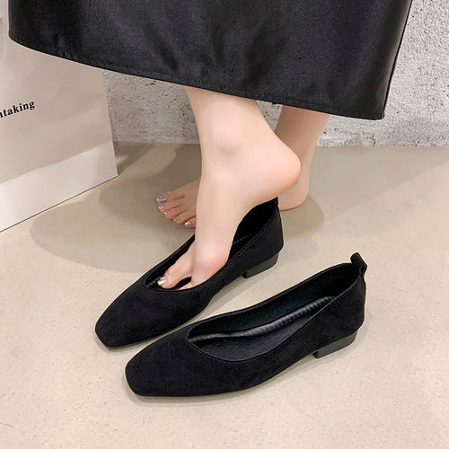 2025Low Heel Shoes Autumn New Square Toe Shallow Suede Slip-on Soft Sole Non-slip Wear-resistant Single Shoes