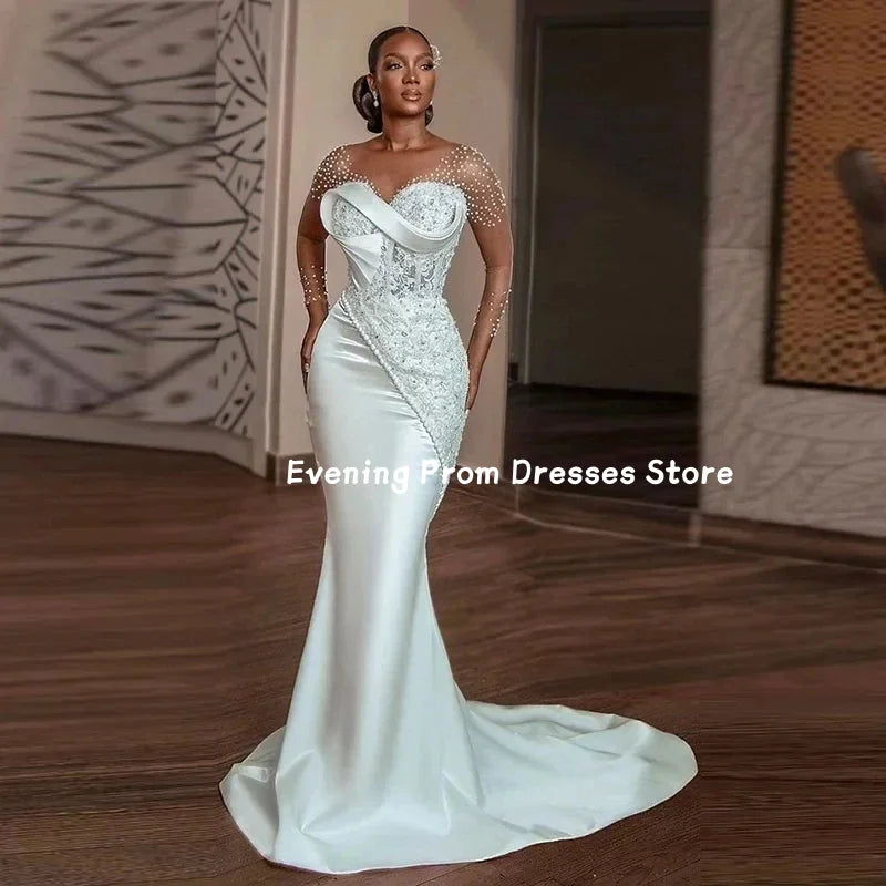Elegant African Women's Mermaid Wedding Dress Phantom Long Sleeve beadwork Bridal Dress Plus Size Wedding Dress Customization