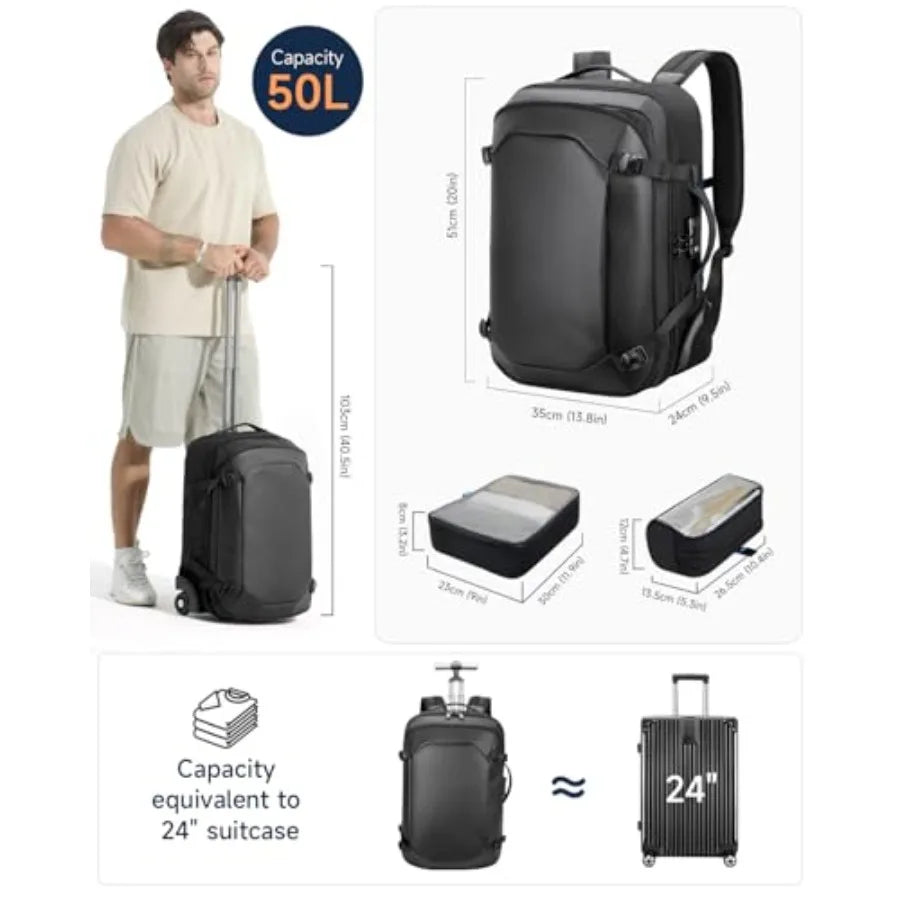 Rolling Laptop Backpack 2 in 1 Carry on Backpack with Wheels Water Resistant Carry on Suitcase with 2 Packing Cubes TSA Large T