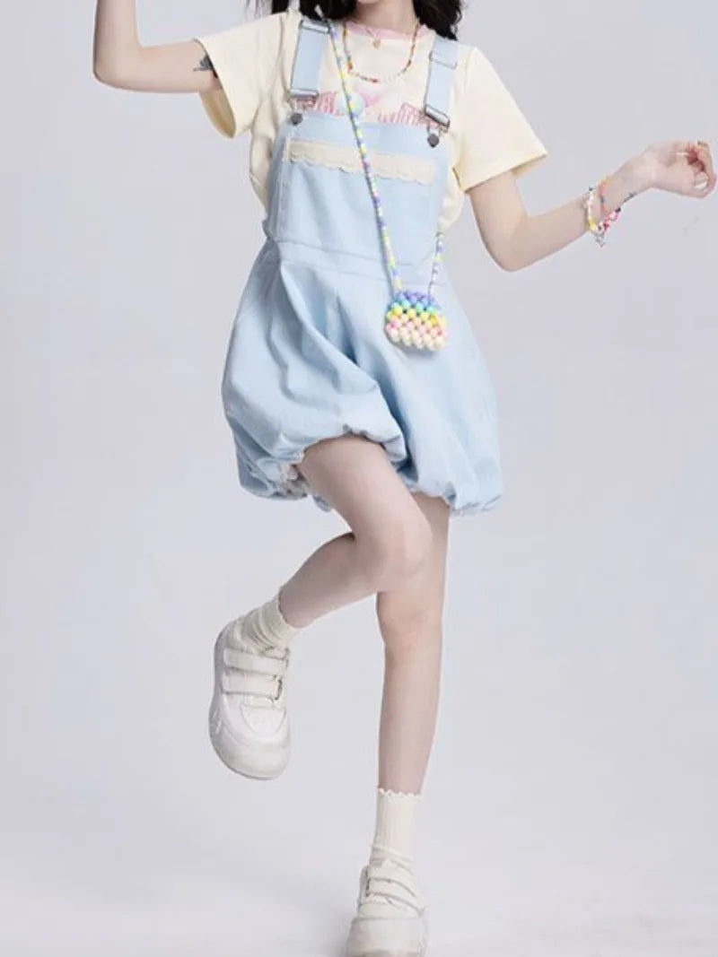 Kawaii Dopamine Japanese Girl Short Suspender Pants Students 2025 New Wear Loose Cute Bud Light Blue Strap Shorts Female