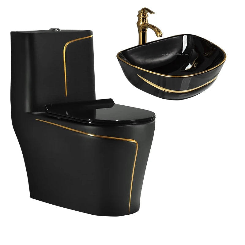 Modern Gold Line Colored One Piece Toilet and Sink Set  Toilet with TankTornado Flush Bathroom Wc Toilet Sanitary Ware