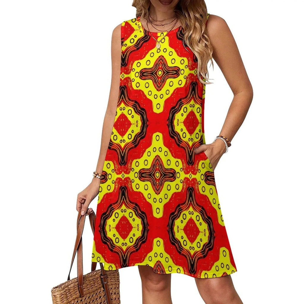 Pattern In Red And Yellow Women's Elegant Party Dress A-Line Dress With Short/Long/Sleeveless Options Pattern Red Yellow Red