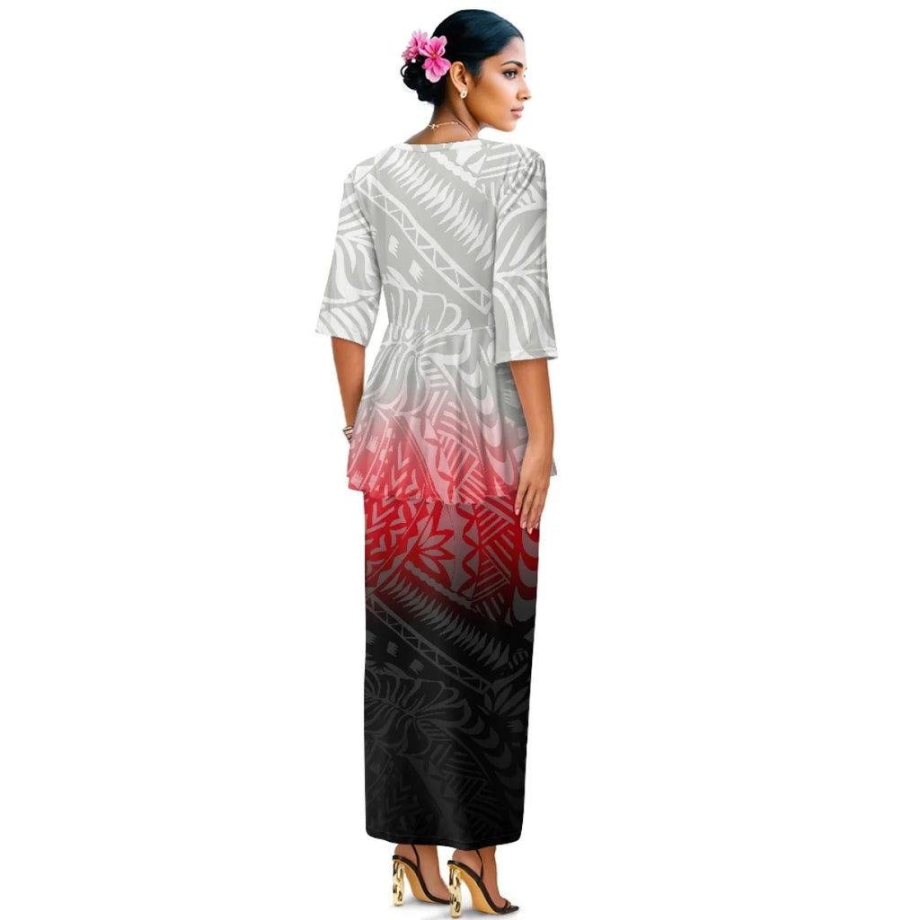 Printed Polynesian Tribal Print crew neck Samoan Puletasi Custom Top And Skirts Womens Two Piece Outfits Set Dress