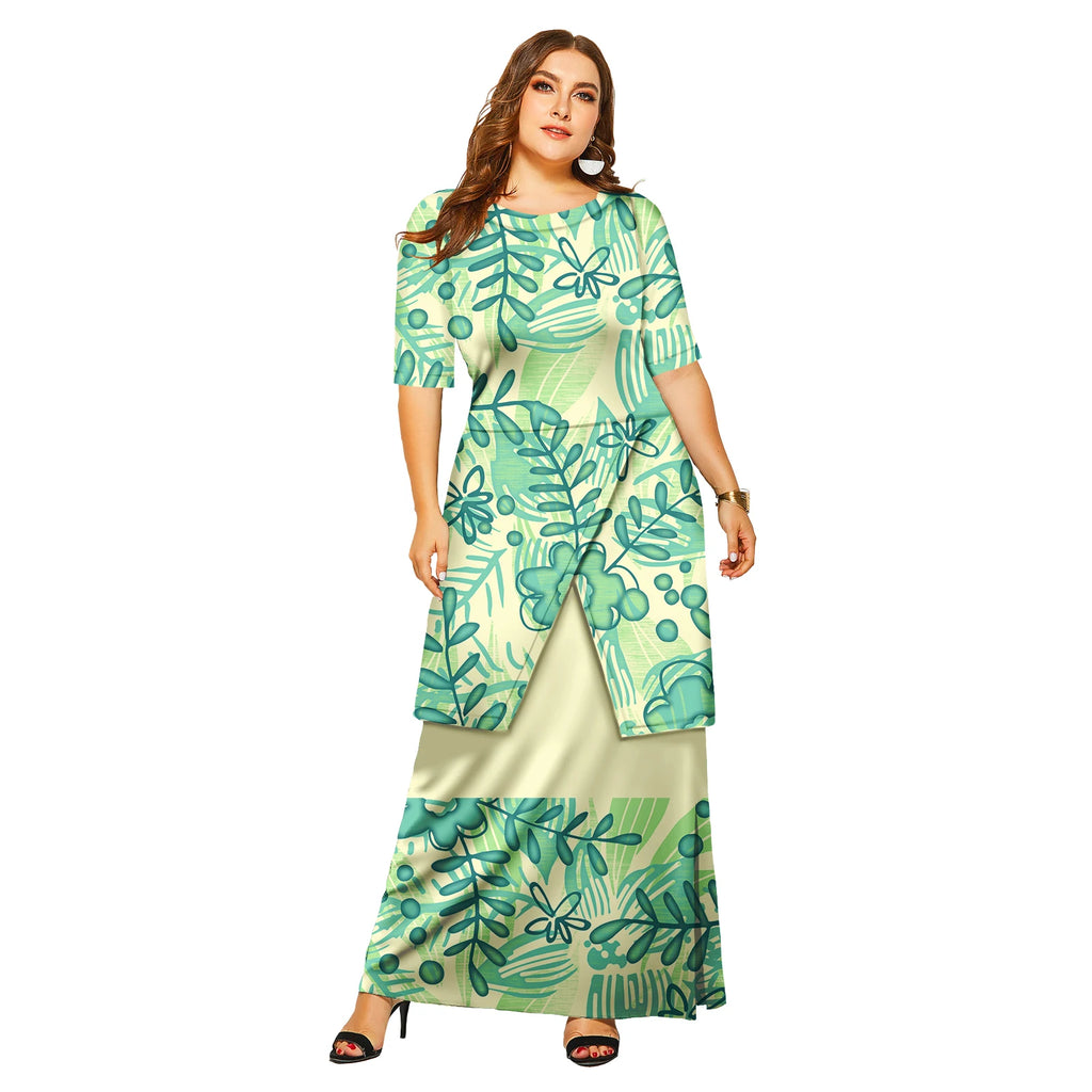 New Fashion Floral Sleeve Elegant Women Long Dress Pacific Island Hawaiian Beach Wear Puletasi Dresses