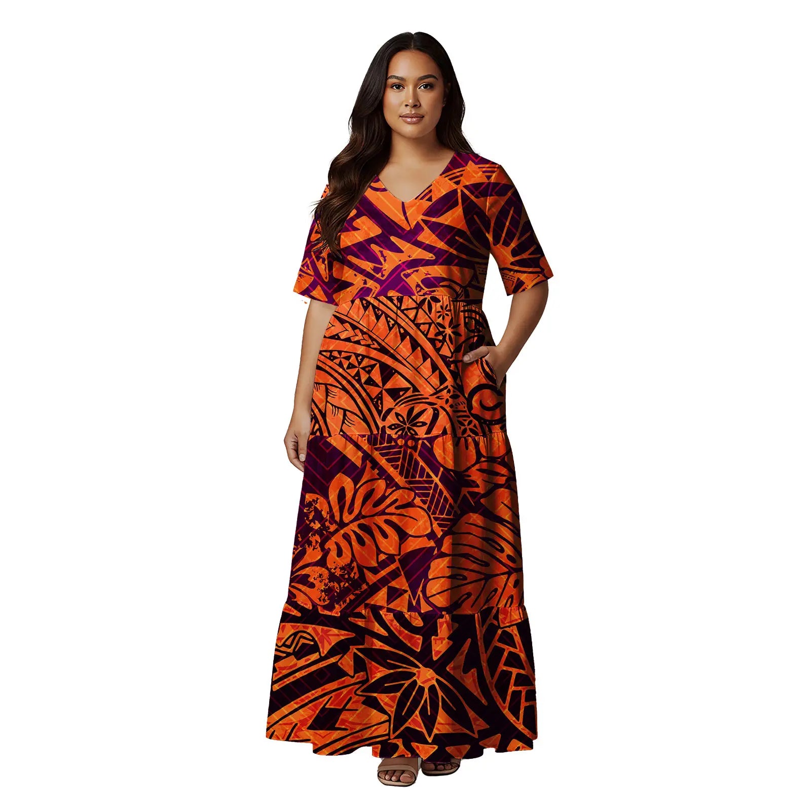 Short Sleeve Hawaii Tropical Floral Pattern Tiered Cake Dress Maxi Polynesian Clothing Tribal Is land Fiji Tonga Church Dress