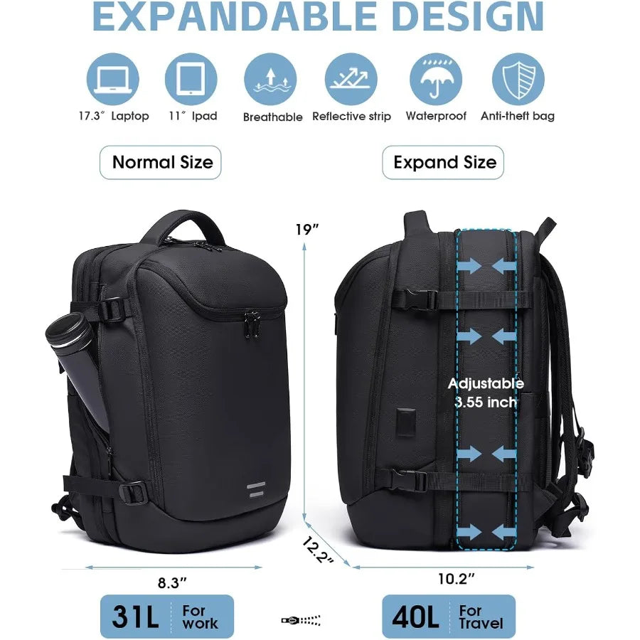Vacuum Backpack Travel with Pump 40L Expandable Carry on Compression Backpack Flight Approved for Women Men Fit 17 Inch Laptop