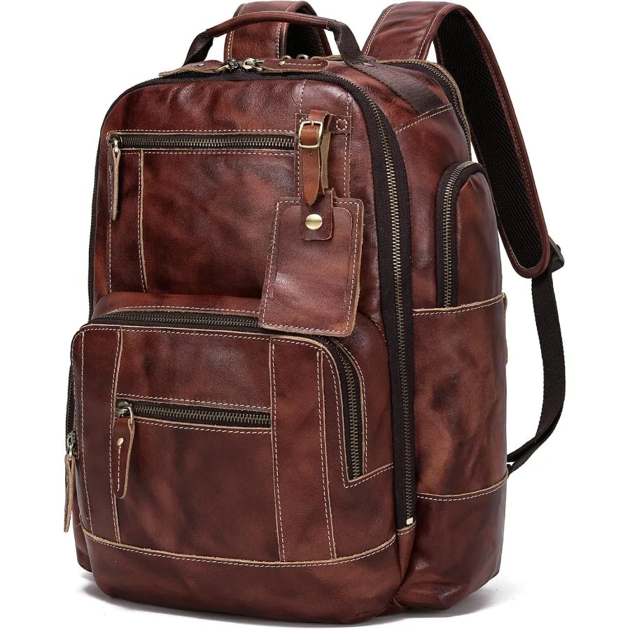 LANNSYNE Full Grain Leather Backpack For Men Fits 16" Laptop Coffee