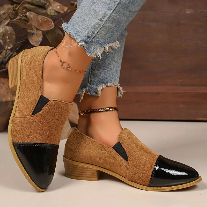 Leopard Printed Women's Low Heel Pumps Fashion Patent Leather Patchwork Dress Shoes for Women Comfy Pointed Toe Slip On Loafers