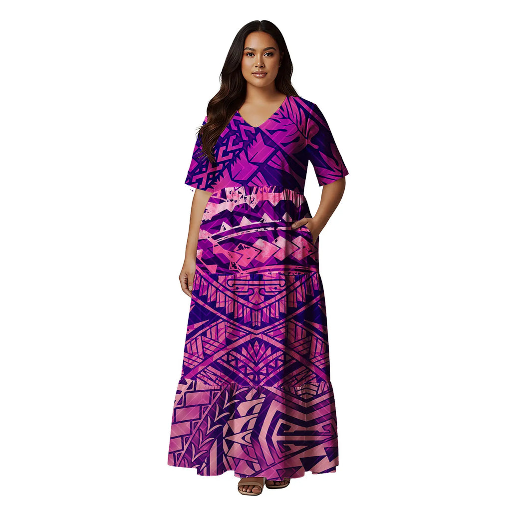 Short Sleeve Hawaii Tropical Floral Pattern Tiered Cake Dress Maxi Polynesian Clothing Tribal Is land Fiji Tonga Church Dress