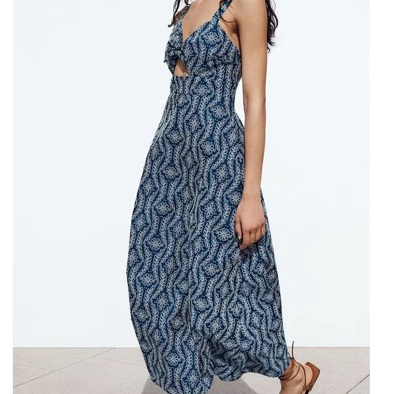 YENKYE Rubberized Openwork Embroidery Midi Dress Women Sexy V Neck With Knot A-line Summer Dresses 2025 Female Vestidos