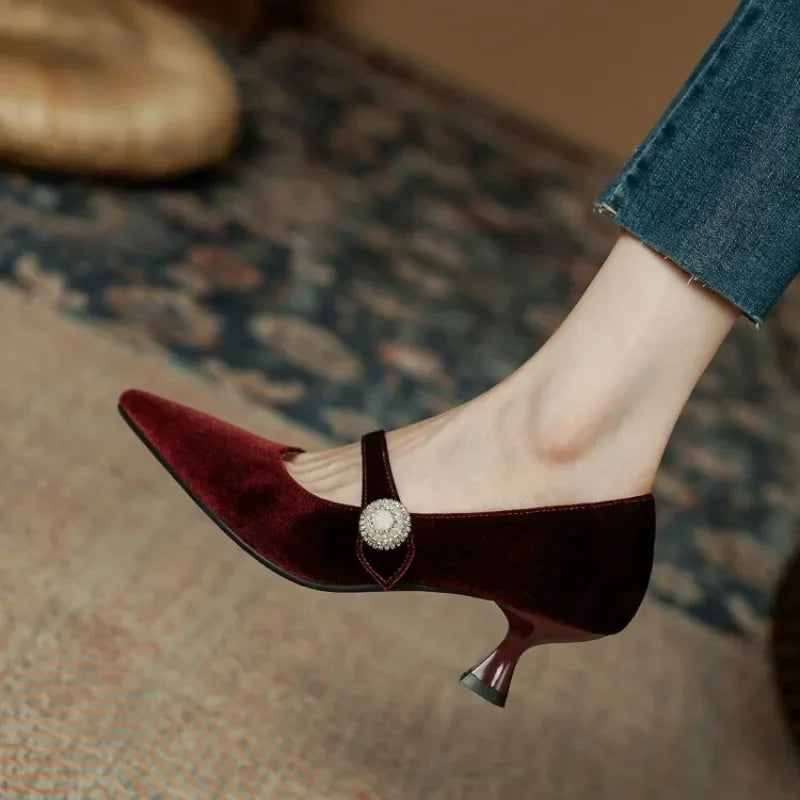 Wine Red Pointed Toe Mary Jane Shoes Women's Vintage One Buckle Stiletto Pointed Toe Single Shoes Velvet Pumps